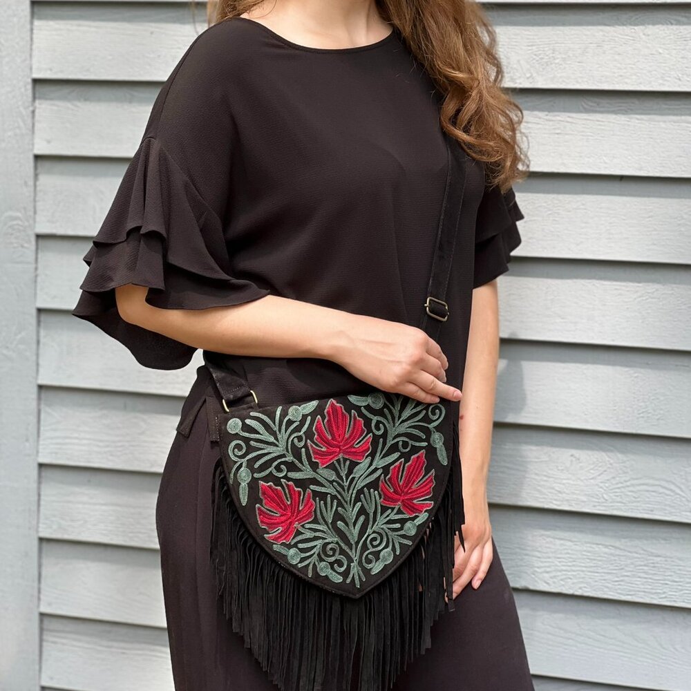 Red and Green Suede Fringed Purse Crossbody Bag